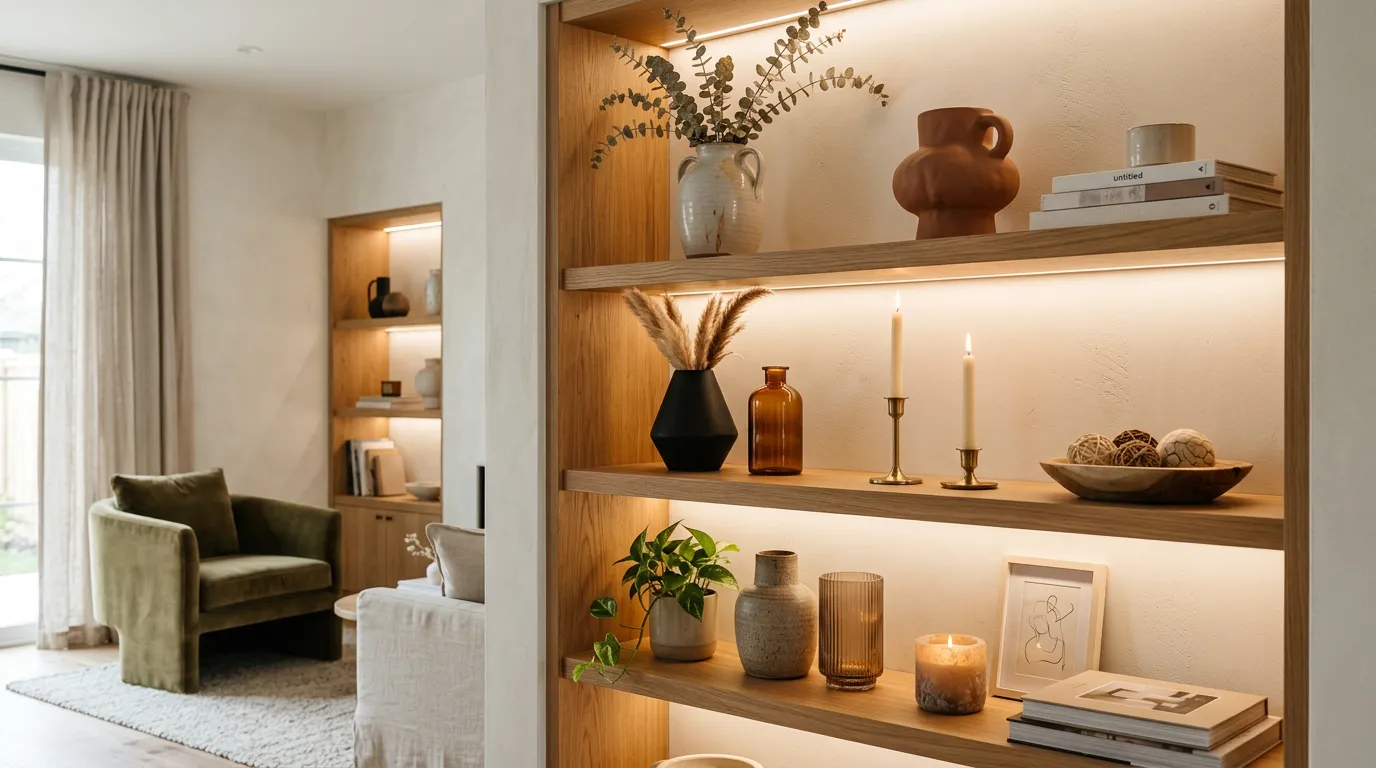 Beautiful home interior with elegant decorative vases, candles, and lifestyle accessories arranged on shelves, warm lighting, modern design aesthetic