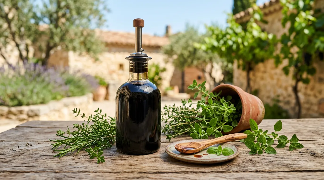 Elegant bottle of balsamic vinegar with pourer on a wooden surface, Mediterranean setting, fresh herbs nearby, natural light