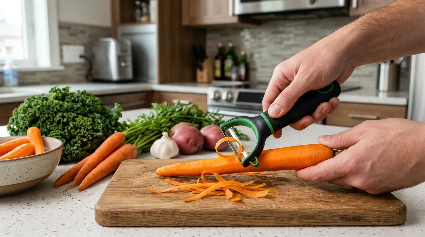 Ergonomic vegetable peeler on kitchen counter with fresh vegetables, close-up of the tool in action, modern kitchen setting