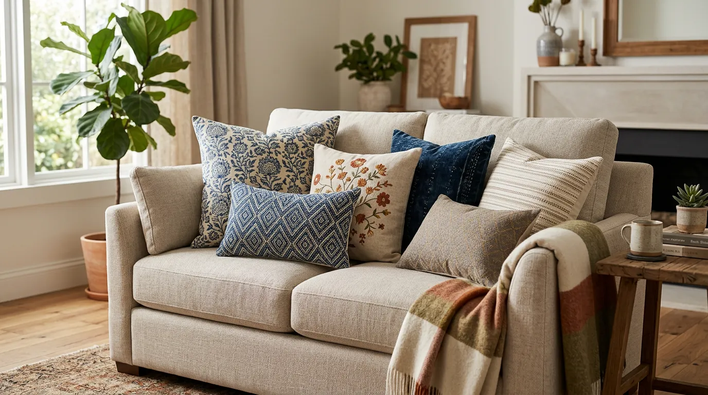 Comfortable decorative pillows with fine patterns arranged on a sofa, cozy living room setting, warm textures and colors