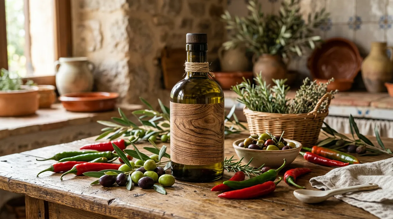Premium olive oil bottle with wood-grain design on wooden table, surrounded by fresh chilies and olives, Mediterranean kitchen aesthetic