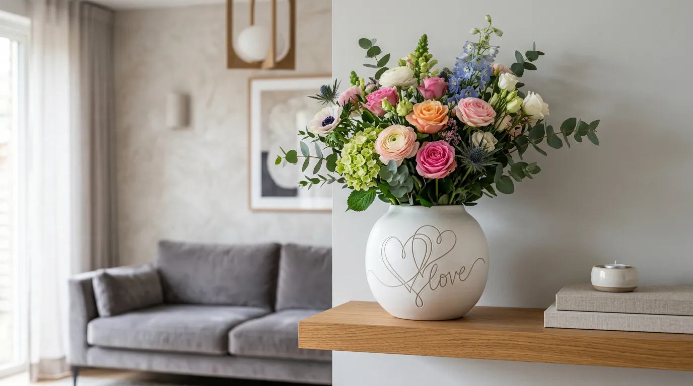 Modern decorative vase with love motif filled with fresh flowers on a shelf, contemporary interior design, soft natural lighting