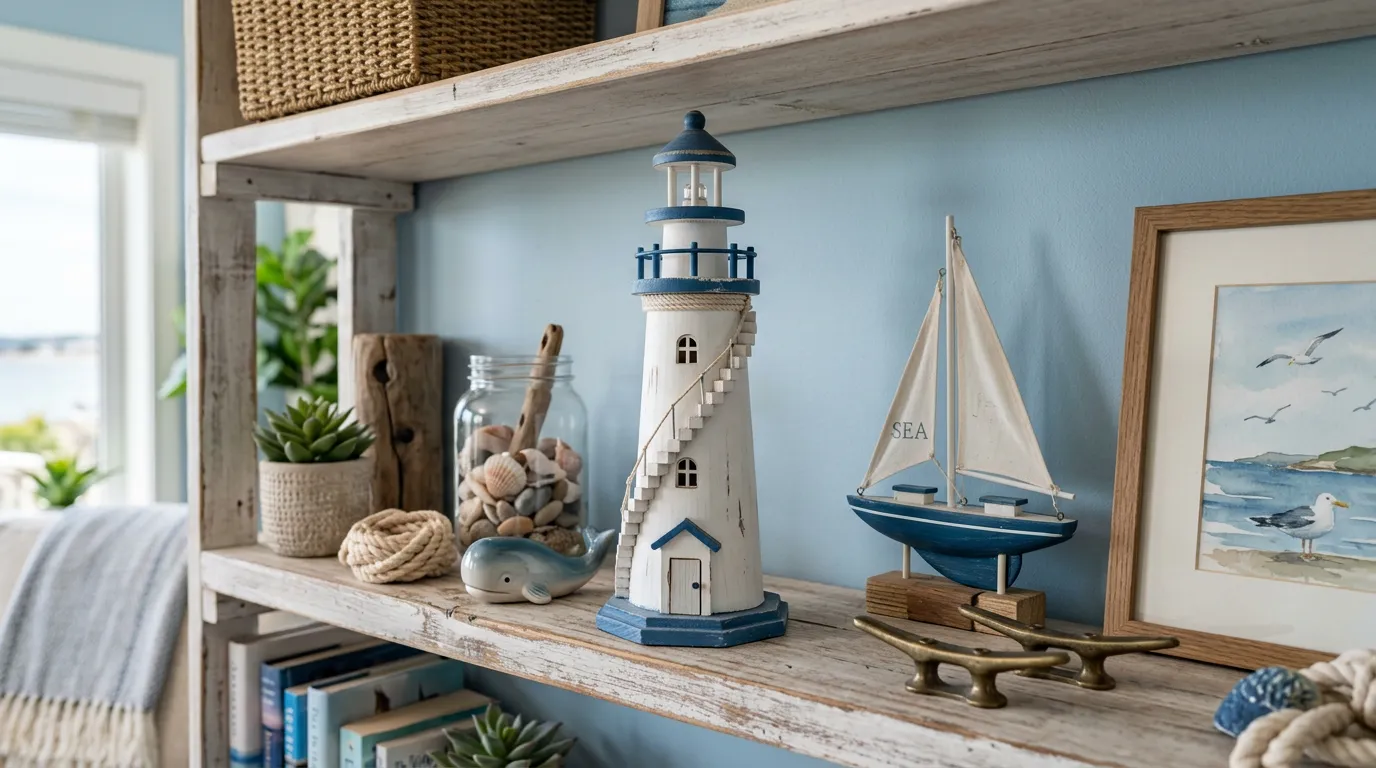White decorative lighthouse figurine on a shelf with maritime-themed items, soft natural lighting, coastal home decor style